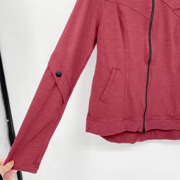 CABI French Knit Training Track Jacket Size M Wine Red Two Way Zipper Thumbholes - Picture 4 of 10